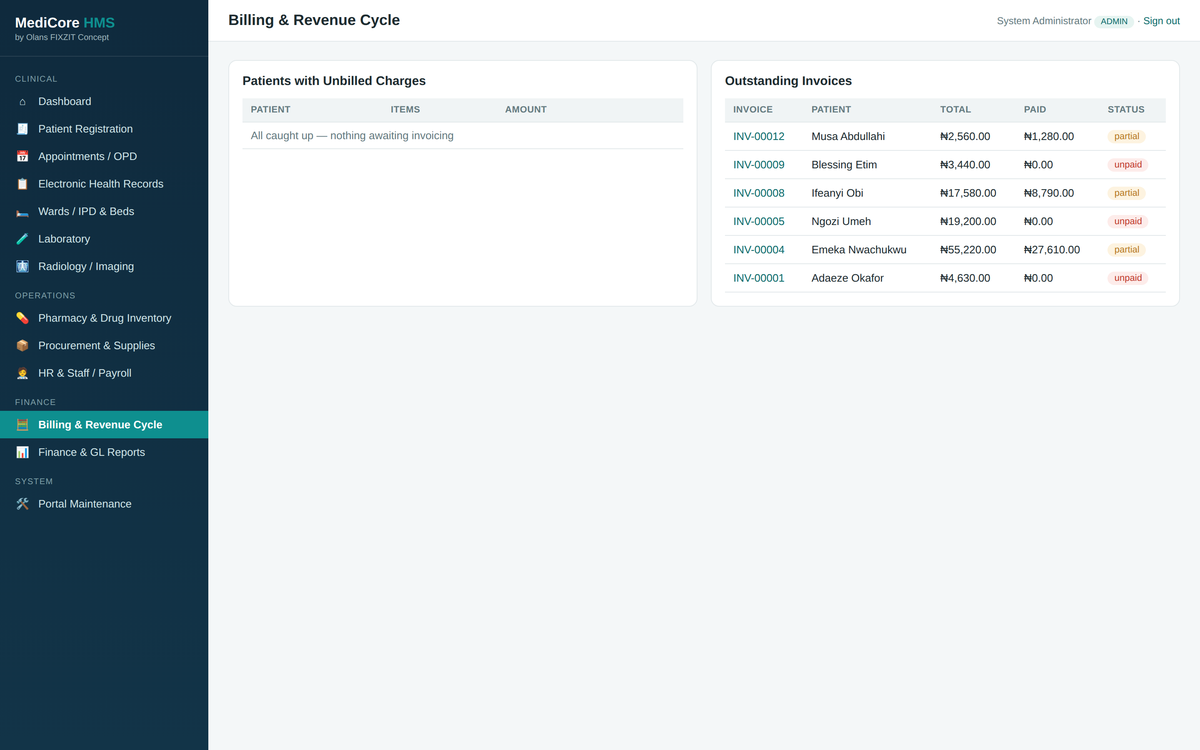 Billing & revenue cycle — unbilled charges through to outstanding invoices