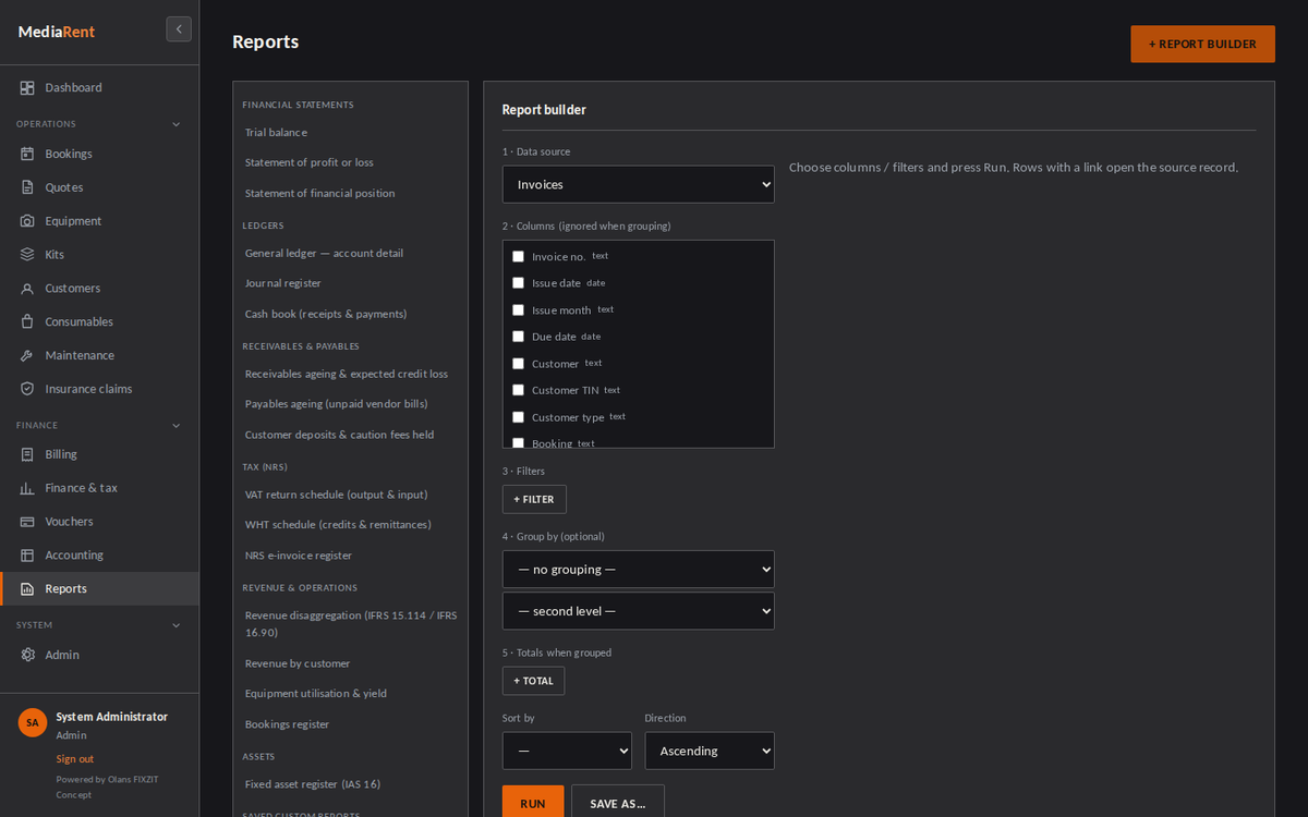 Report builder: choose a data source, columns, filters and grouping