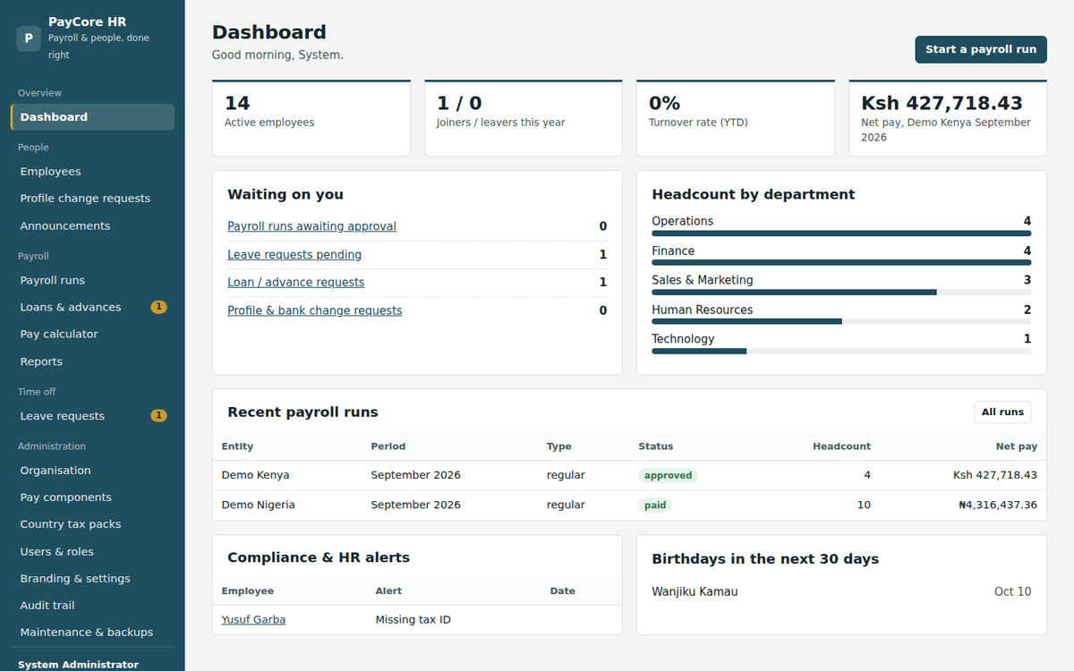 PayCore HR — White-Label Multi-Country Payroll & HR Portal
