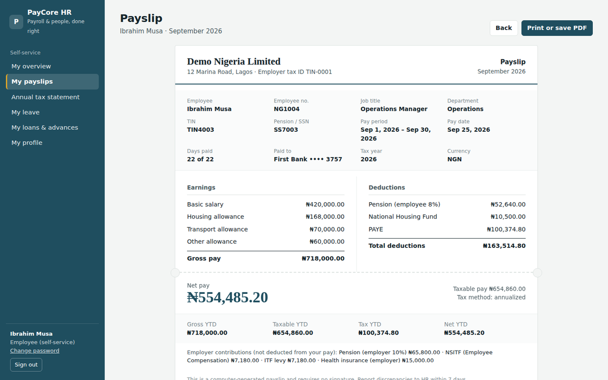 An employee’s own payslip in self-service, ready to print or save as PDF
